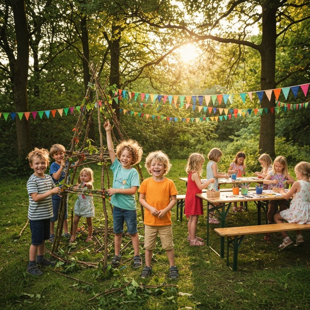 Kinderen bouwen samen hutten in het bos tijdens de speelweek