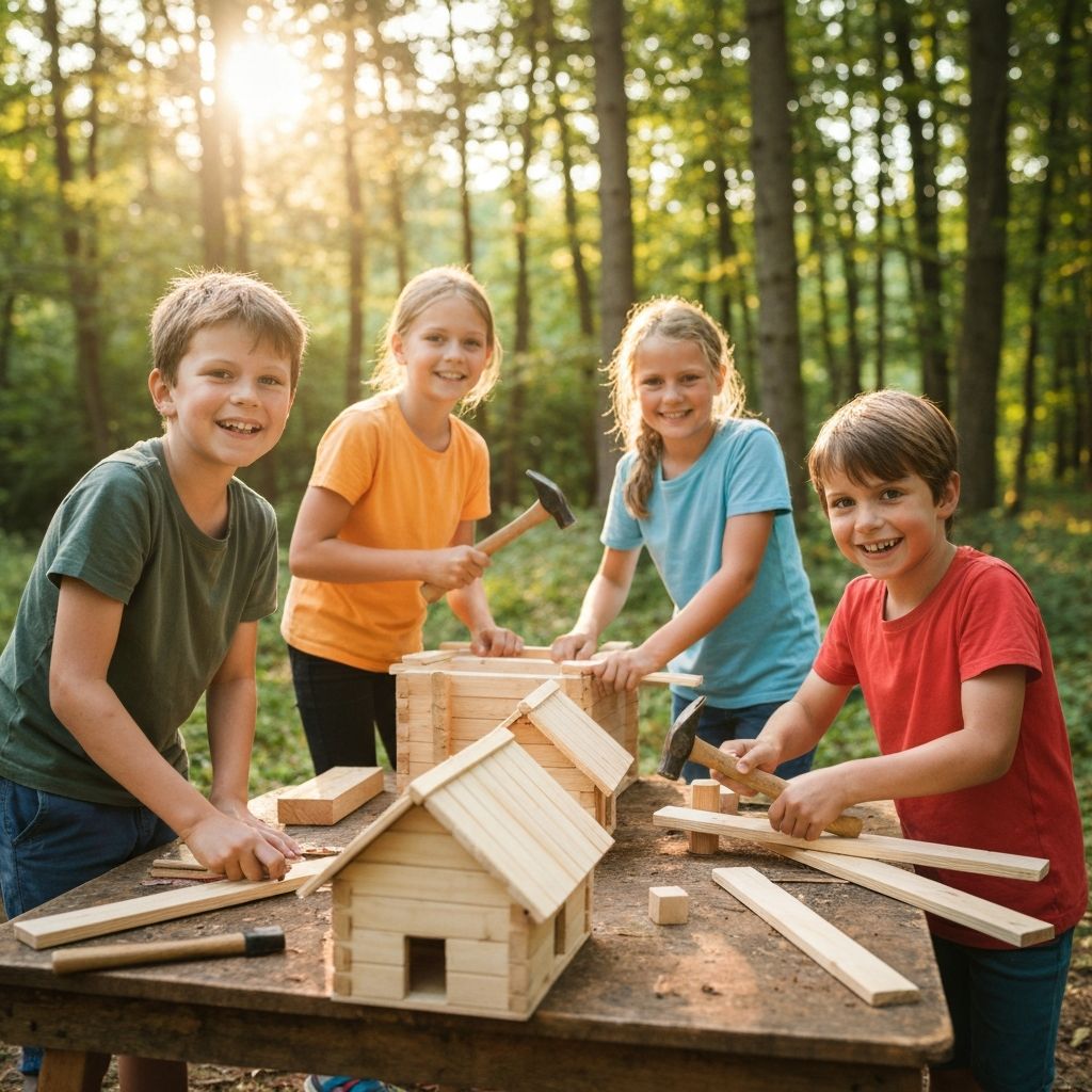 Kinderen bouwen hutten in het houtdorp